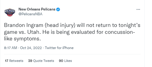 英格拉姆因头部受撞击本场比赛不会回归,将接受脑震荡评估